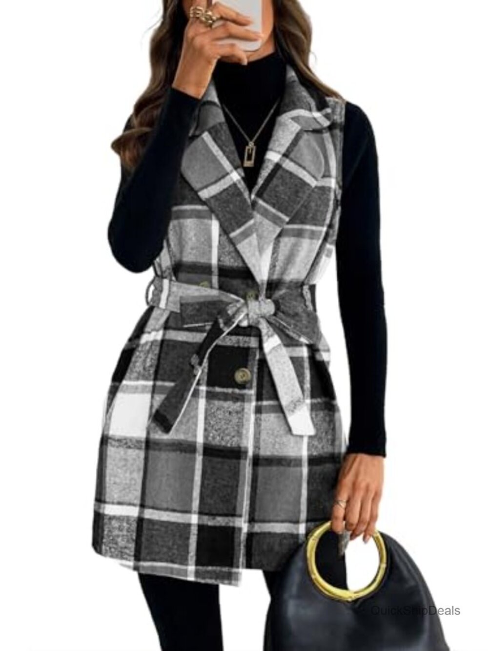 Womens Brushed Plaid Vest Sleeveless Double Breasted Waist Tie Cardigan Blazer